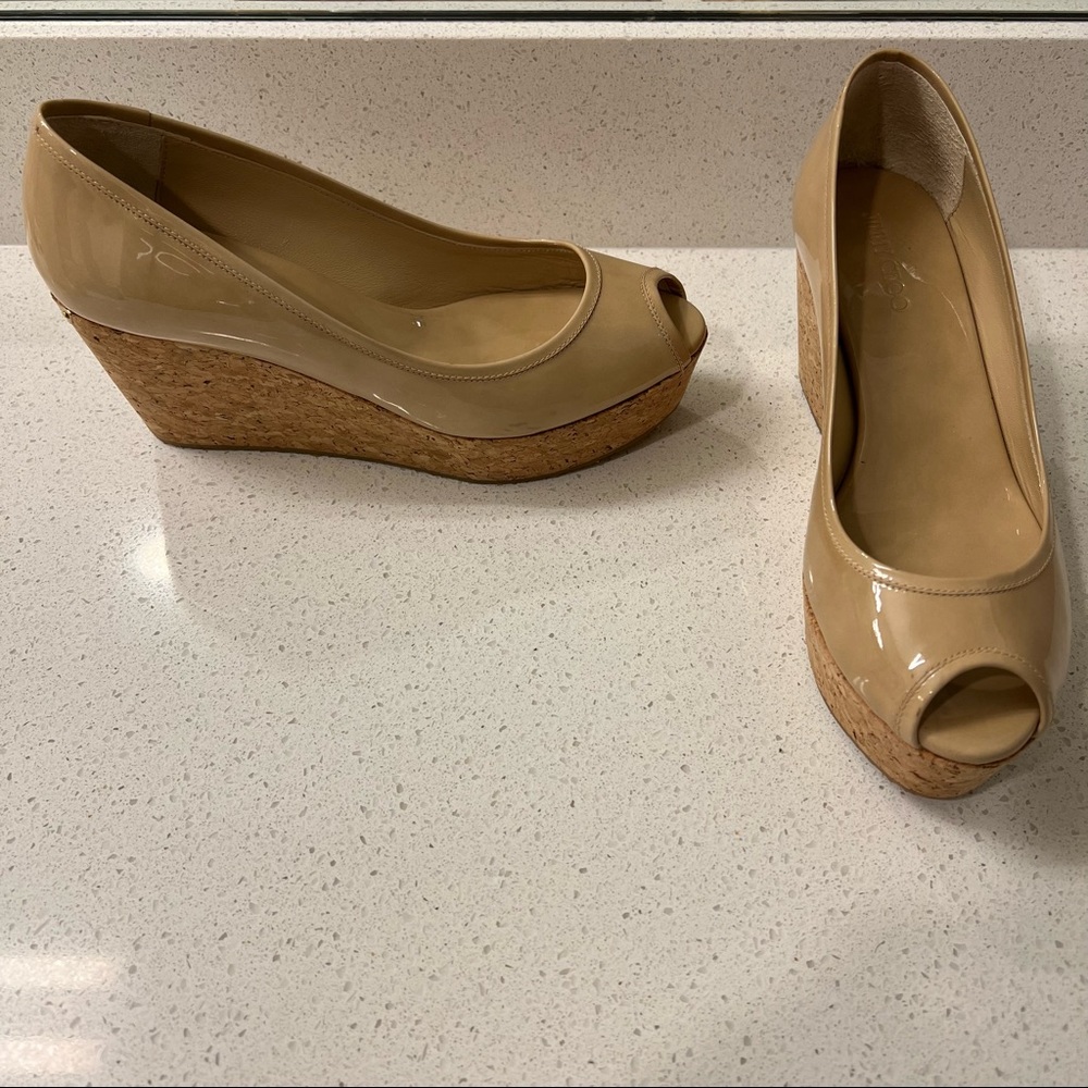 Jimmy Choo | Parley Peep Toe Wedges Nude Patent Leather